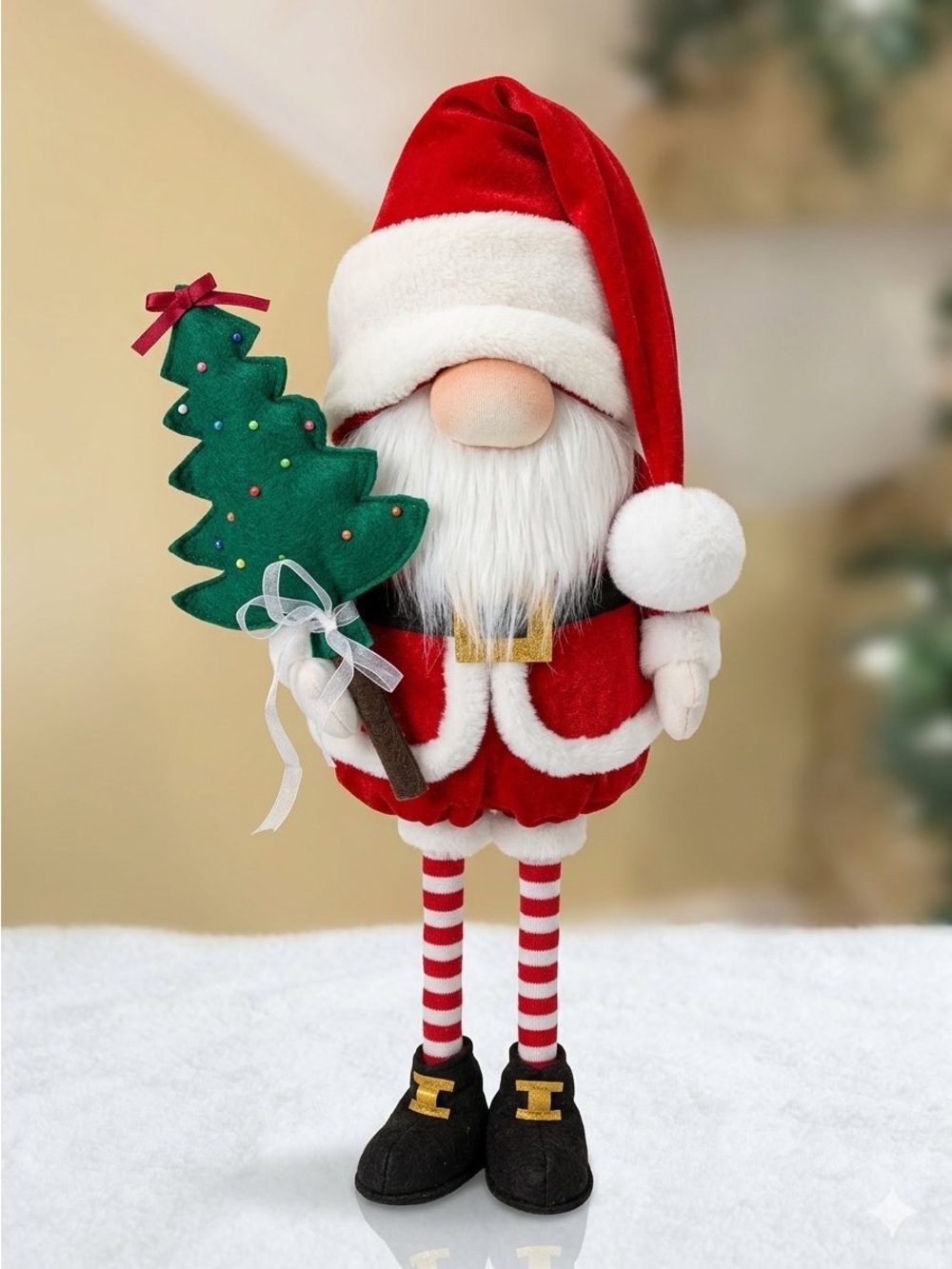 Standing Santa Christmas Gnome Holiday Decoration with Bendable Arms & Tree NWT
